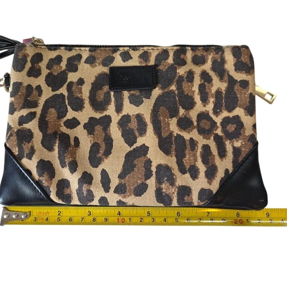 Funky Monkey Leopard Print Canvas Black Faux Leather Wristlet‎ Clutch Tassel Bag